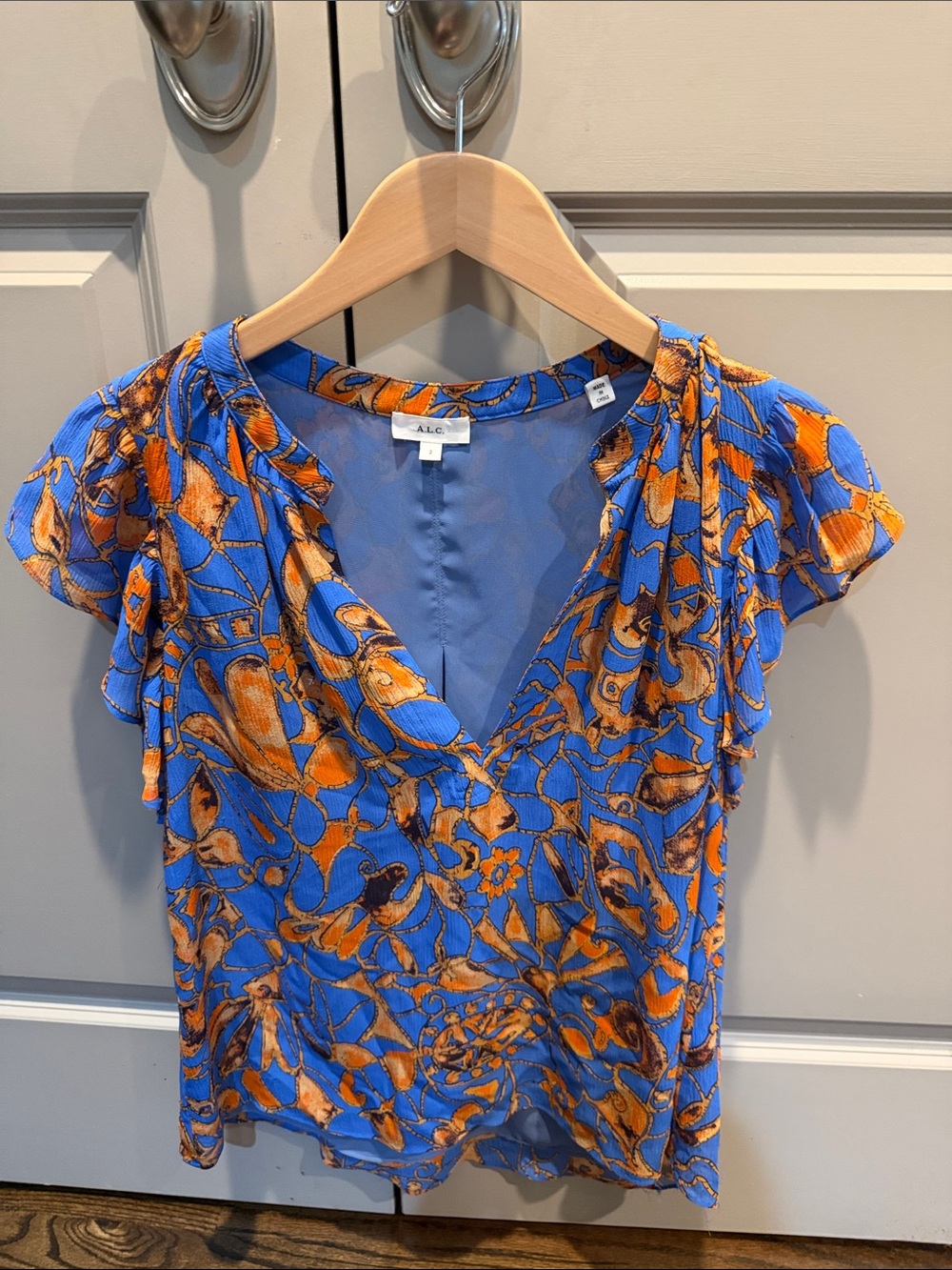 A.L.C. Royal Blue & Orange Floral V-Neck Blouse